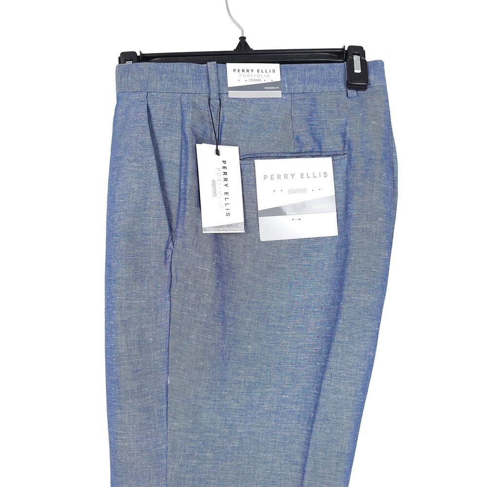 Perry Ellis Portfolio Mens Modern Fit Dress Pants 34x32 Blue Linen Cotton Blend